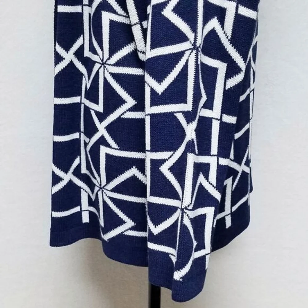 60s Vintage Dalton Blue White Geometric Print Union ILGWU Open Front Cardigan M